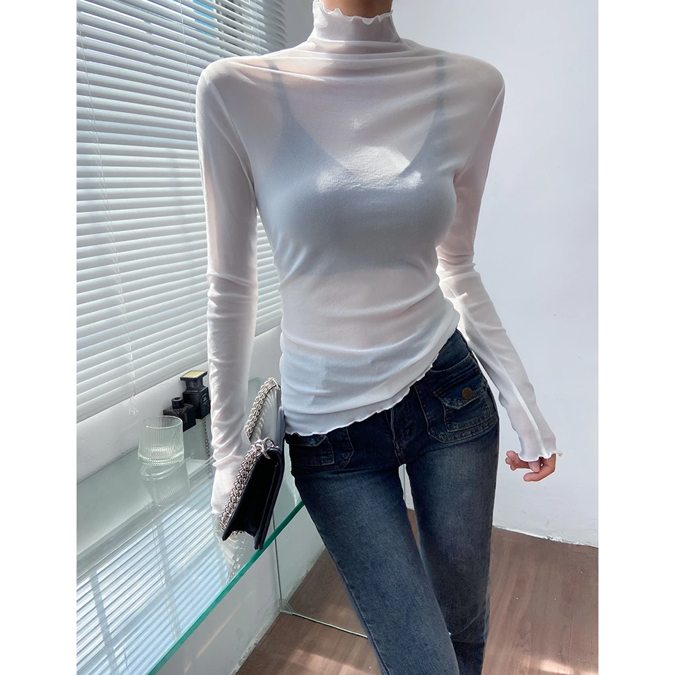 波浪边网纱打底衫女秋冬长袖T恤上衣修身洋气甜美堆堆领粉色内搭