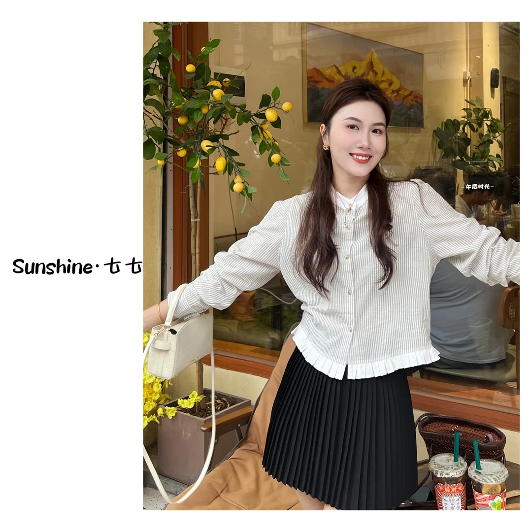 Sunshine【偏爱】小众设计感拼接百褶边甜美气质优雅条纹圆领衬衫