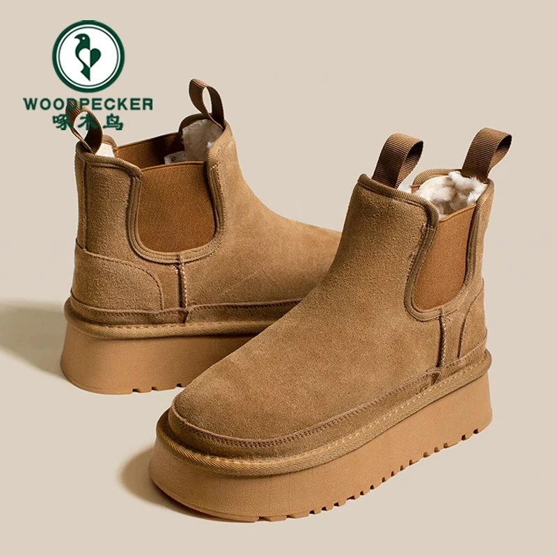 啄木鸟网红爆款雪地靴女2024新款加绒加厚短筒棉靴子黄色雪地棉鞋