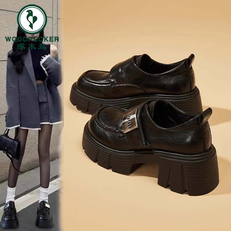 啄木鸟厚底乐福鞋女2024新款秋季增高一脚蹬小皮鞋复古英伦风单鞋