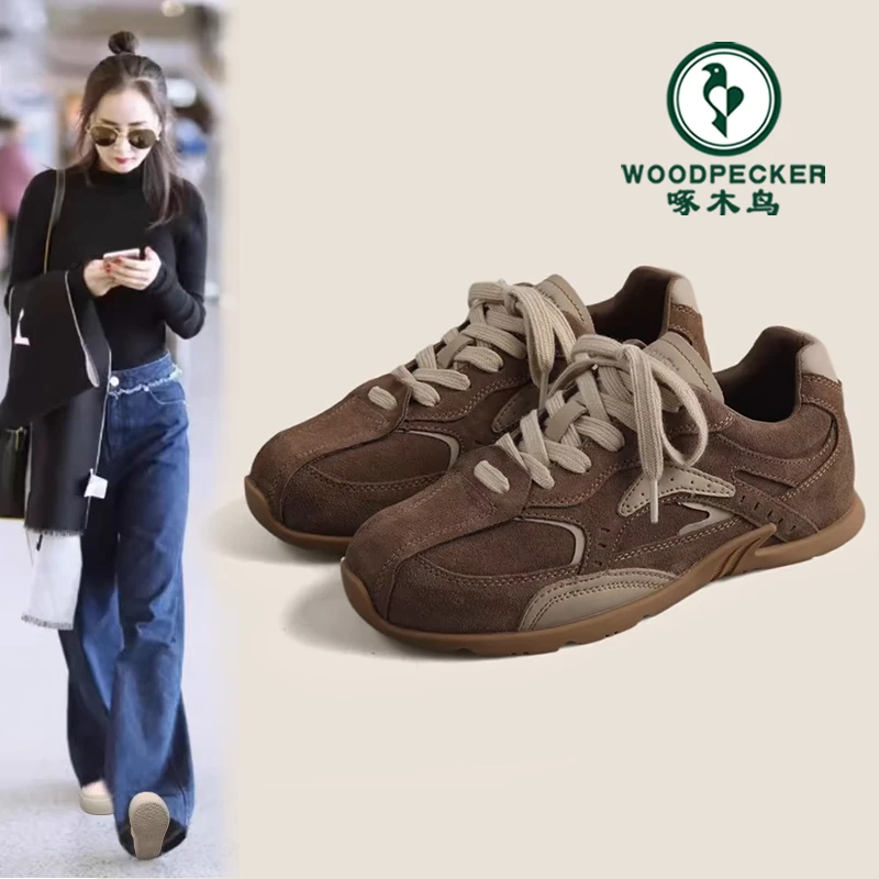 啄木鸟2025春秋新款百搭拼色平底轻便德训阿甘鞋复古港风休闲鞋女