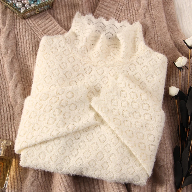 磨毛蕾丝上衣女秋冬新款洋气高领网纱打底衫女加绒内搭长袖纱衣女