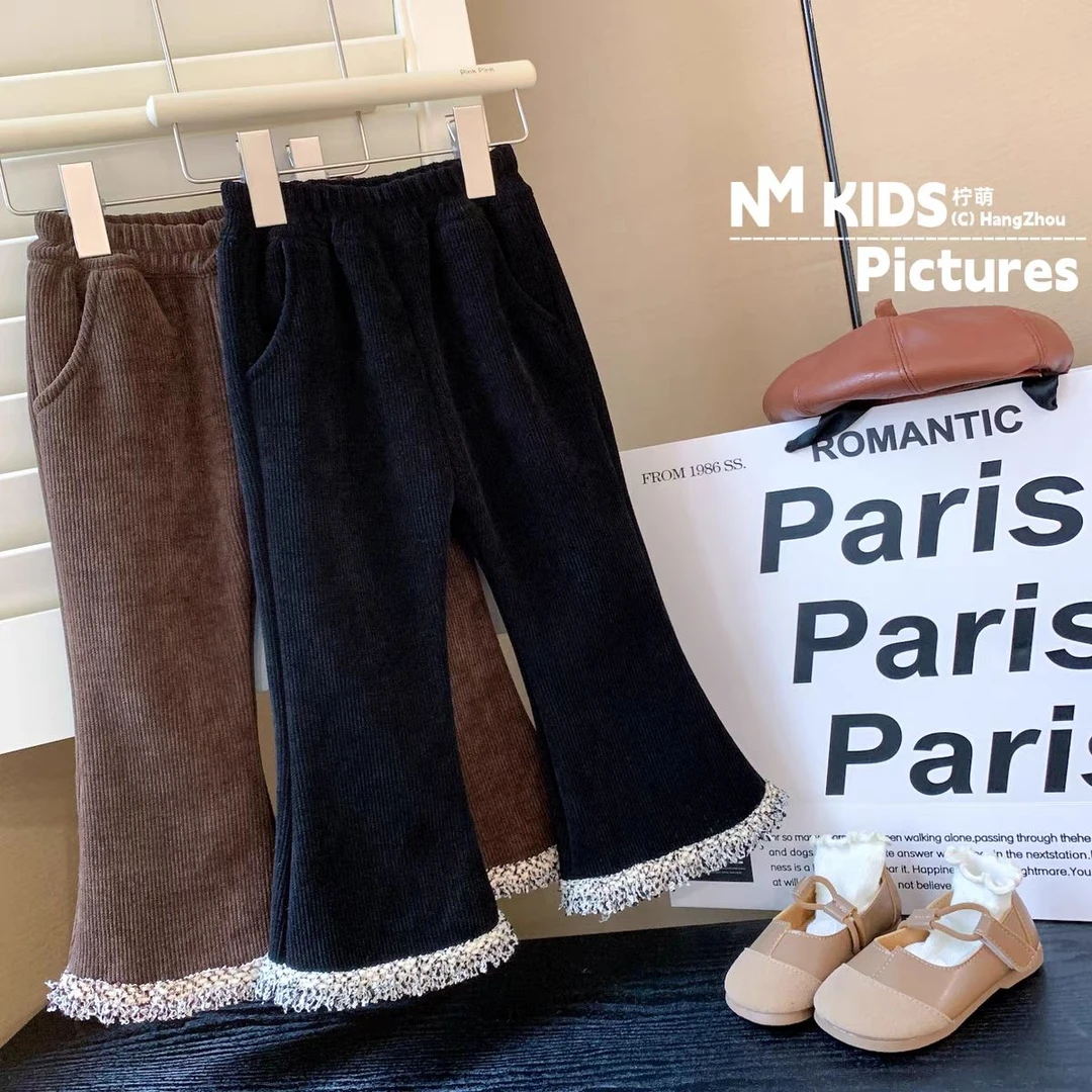 女童休闲裤子2023秋冬款女宝宝一体绒小香风流苏时髦雪尼尔喇叭裤