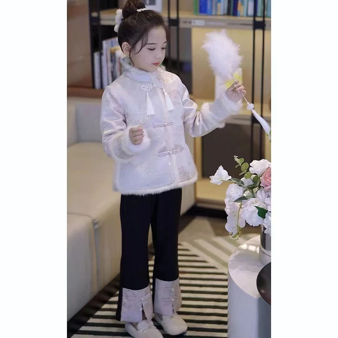 女童拜年服套装冬装2023新款加绒加厚棉袄国风刺绣中式复古唐装潮