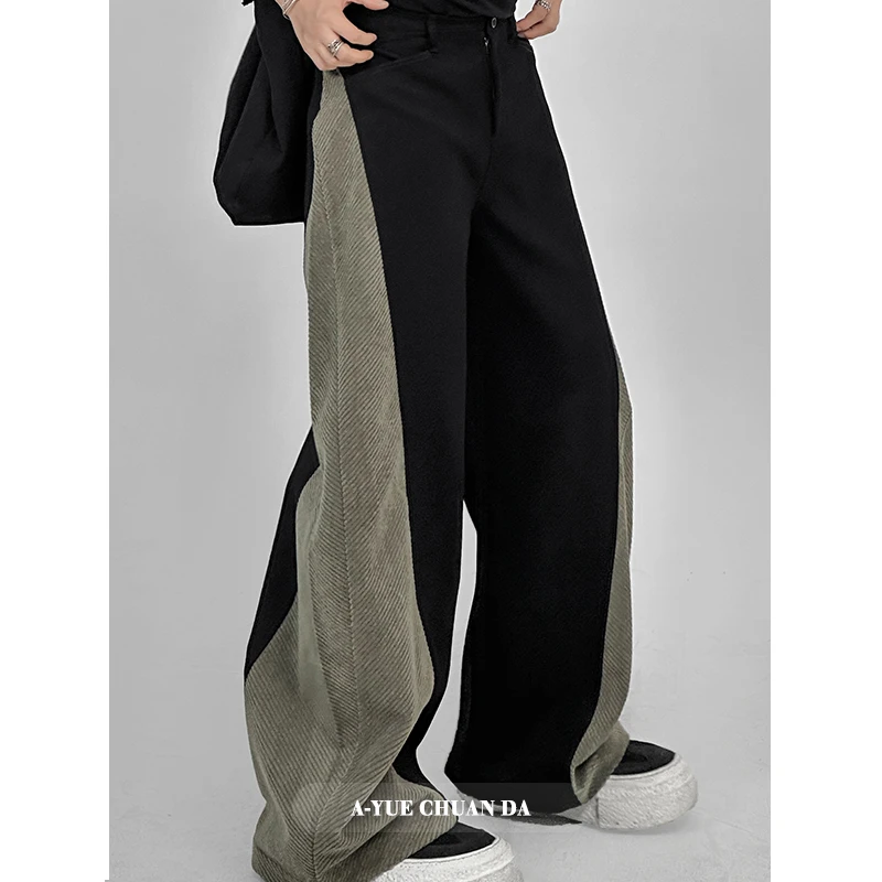 男士加厚拼接灯芯绒休闲裤宽松直筒弯刀设计长裤