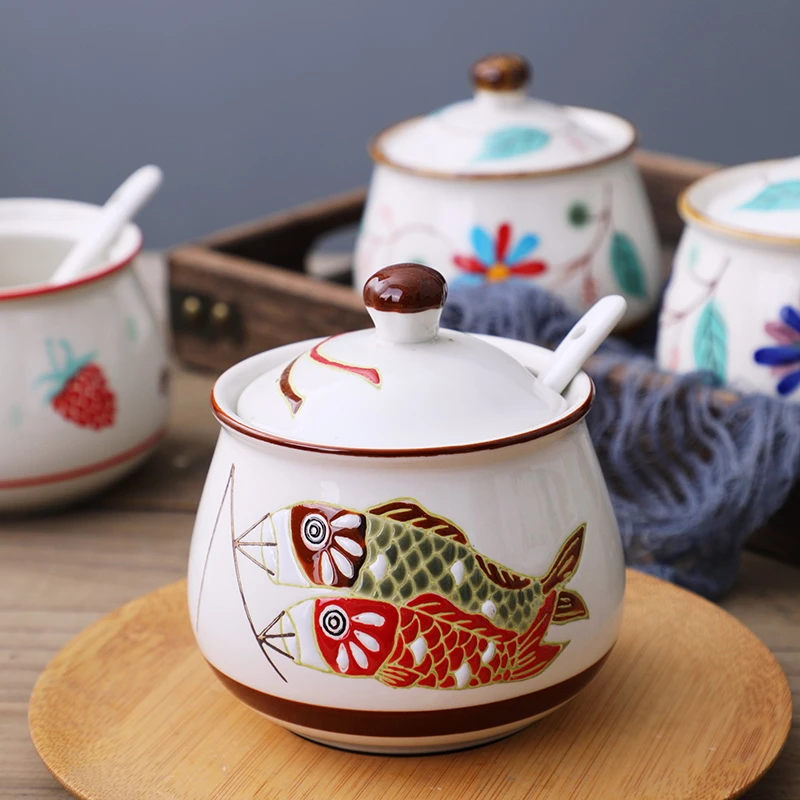 中式家用陶瓷调料盒辣椒油罐盐罐耐高温猪油罐油泼辣调味带盖瓶罐