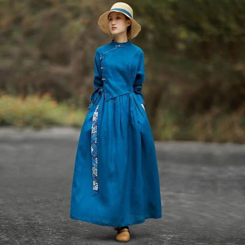 新中式棉麻旗袍连衣裙女2025秋新款复古文艺大码宽松显瘦气质长裙