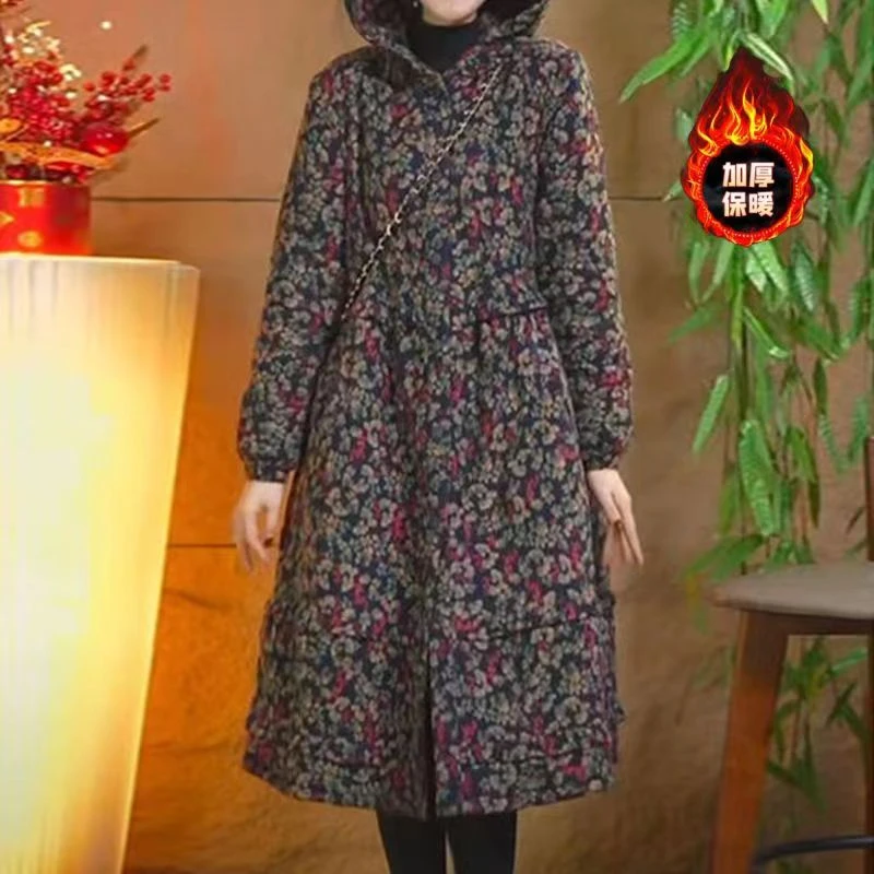 棉麻碎花连帽棉衣女2025秋冬新款复古文艺中国风保暖显瘦中长棉服
