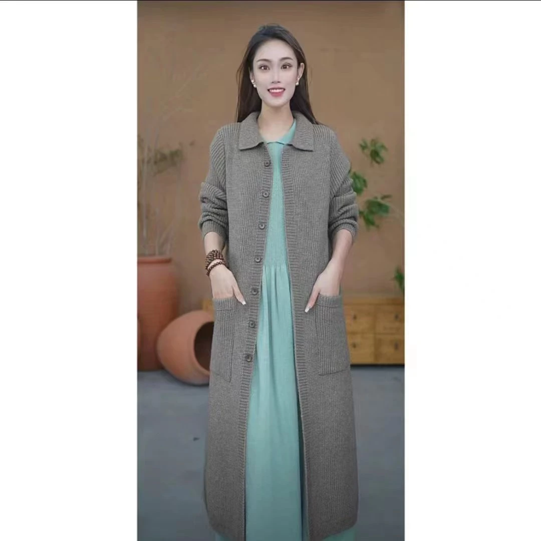 加厚针织毛衣开衫外套女中长款过膝2025秋冬新款宽松显瘦保暖翻领