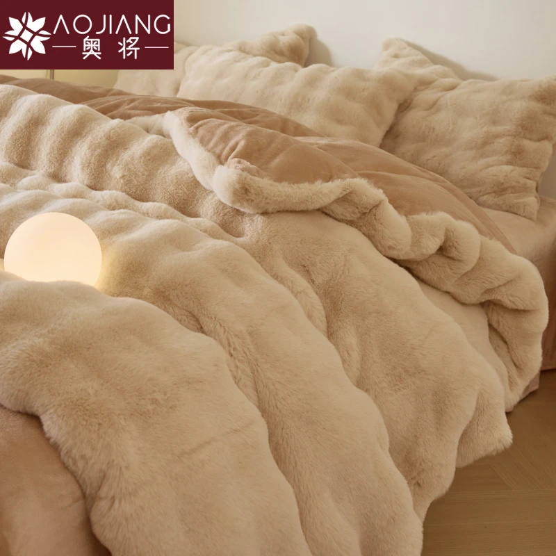 冬季兔兔牛奶绒四件套被罩单人被套床单加厚双面绒兔毛绒四件套