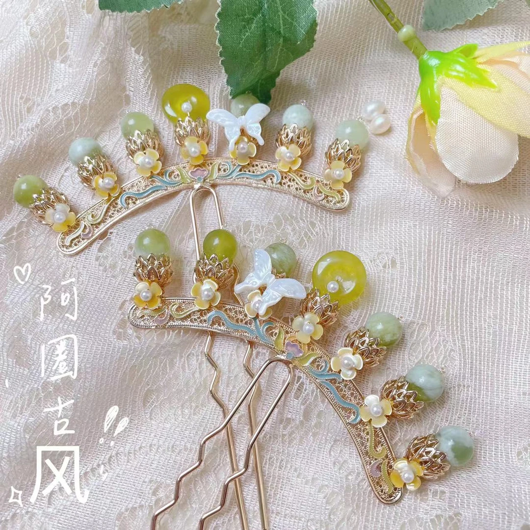 绿色天然石排钗青提奶盖手工百搭古风超仙明制簪发唐风排簪