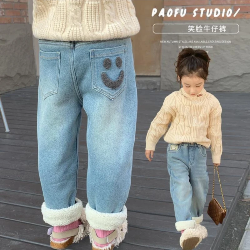 女童加绒牛仔裤子2024冬季新款儿童一体绒长裤百搭裤子宝宝绒裤子