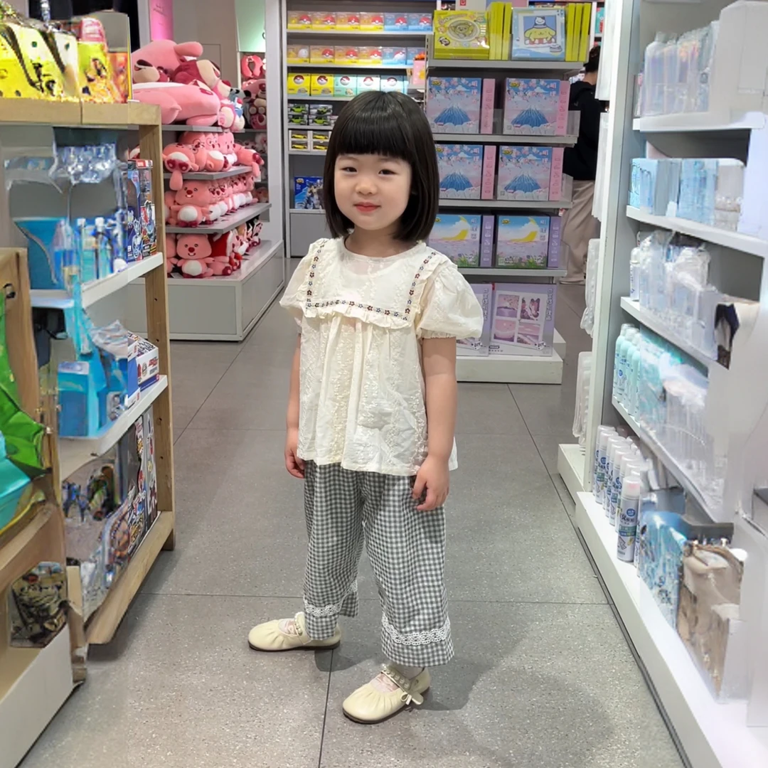 女童套装2024夏装新款儿童韩版森系刺绣娃娃衫+格子阔腿裤两件套
