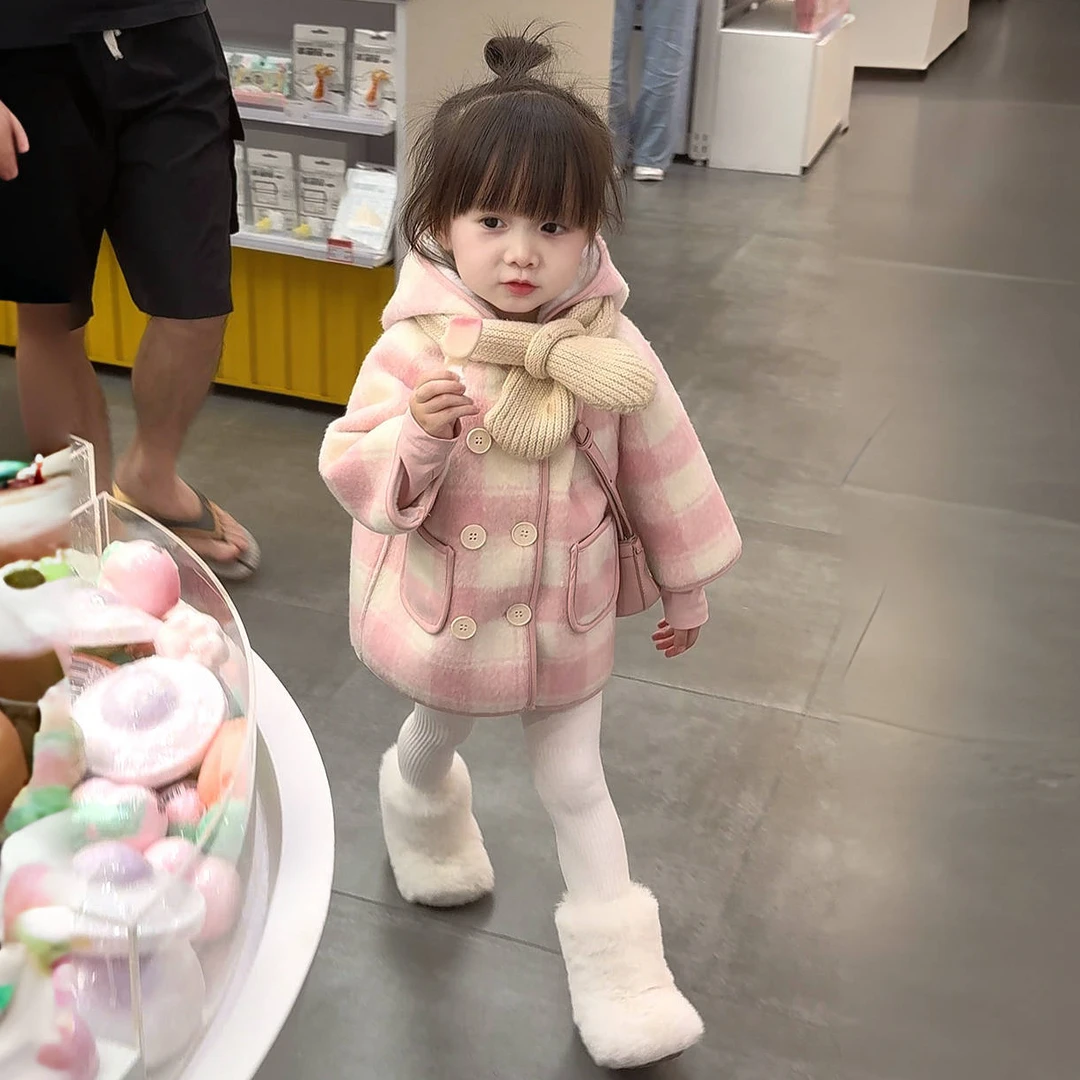 女童外套2025新款冬装宝宝洋气韩版毛呢大衣加绒加厚格子呢子上衣