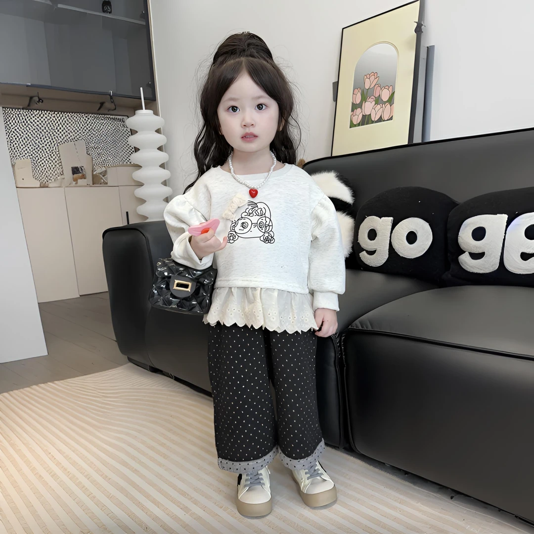 女童套装2024秋季新款儿童韩版花边圆领卫衣柔软波点牛仔裤两件套