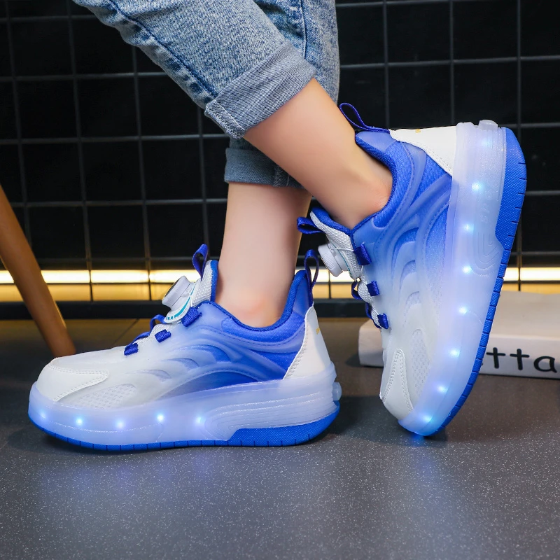 6-12岁发光溜冰鞋男童四轮中大童软底轮滑鞋可收缩儿童夜光运动鞋