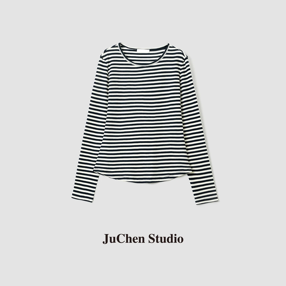 秋季触感细腻超细羊毛修身显瘦条纹长袖针织衫女FW091507