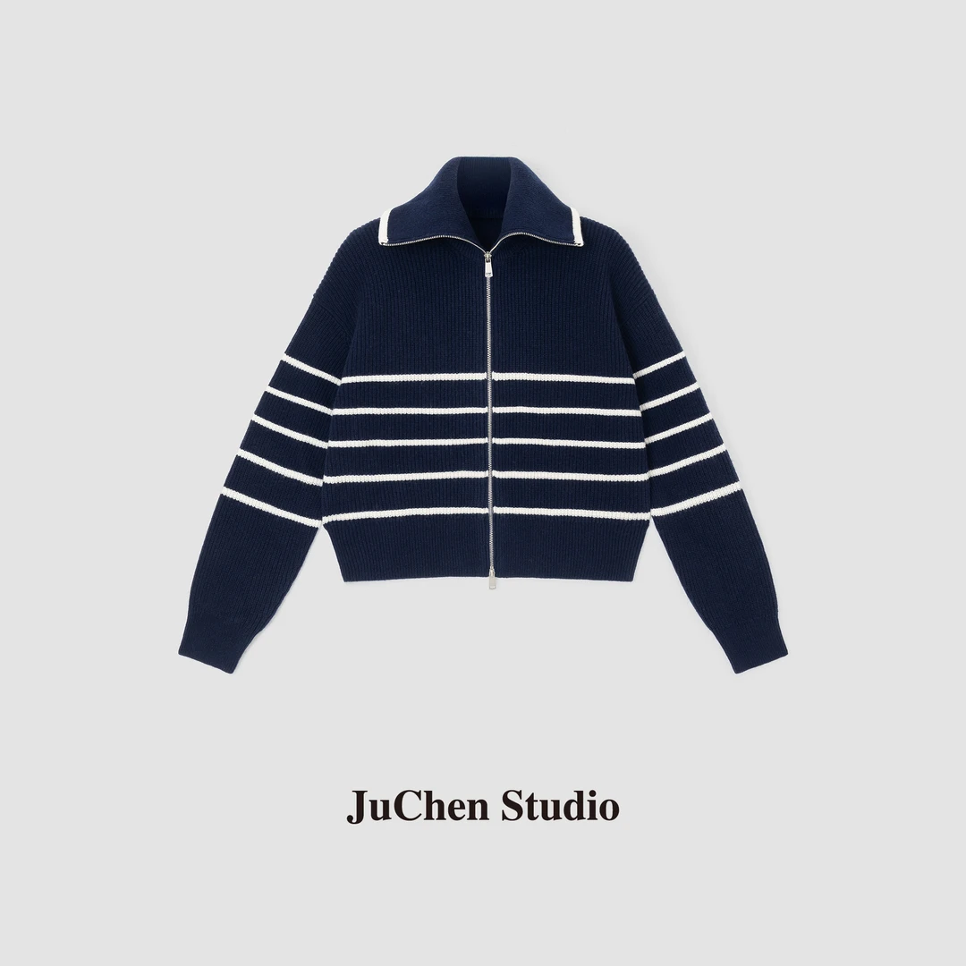 “北回归线”复古北欧风落肩条纹海鸥领拉链羊毛针织衫 FWA309-57