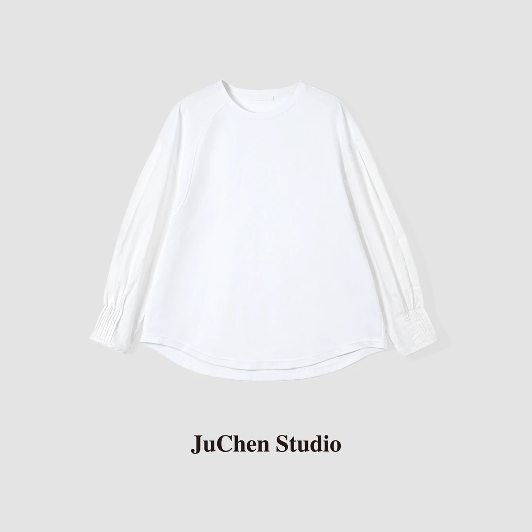 春秋长绒棉拼接灯笼袖 圆弧下摆简约宽松白色长袖T恤 FW101679