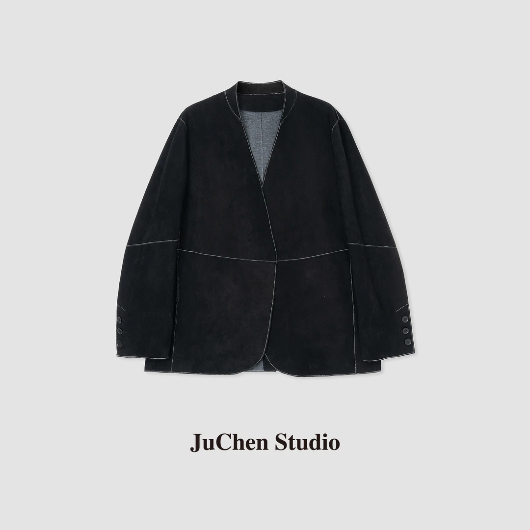 ”北纬39度“高丝光反绒胎羊皮线迹轮廓斜襟皮衣外套JY2408050-896