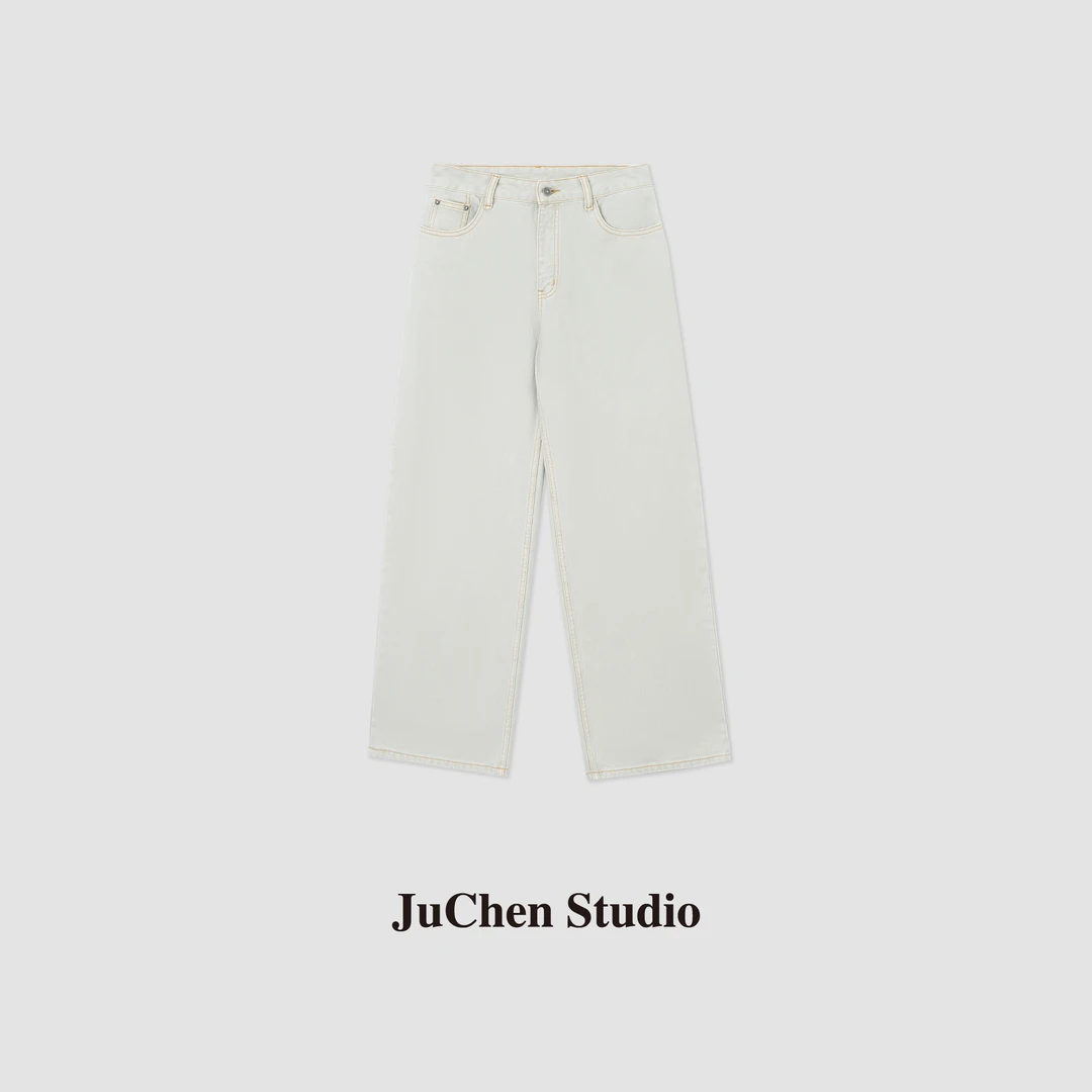 椰奶蓝高盎司撞线水洗直筒牛仔裤白色FW7010-04