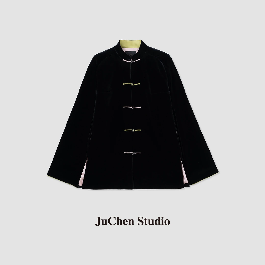 竹绿撞色盘扣优雅丝绒国风新中式宽松垂感外套 FW111789