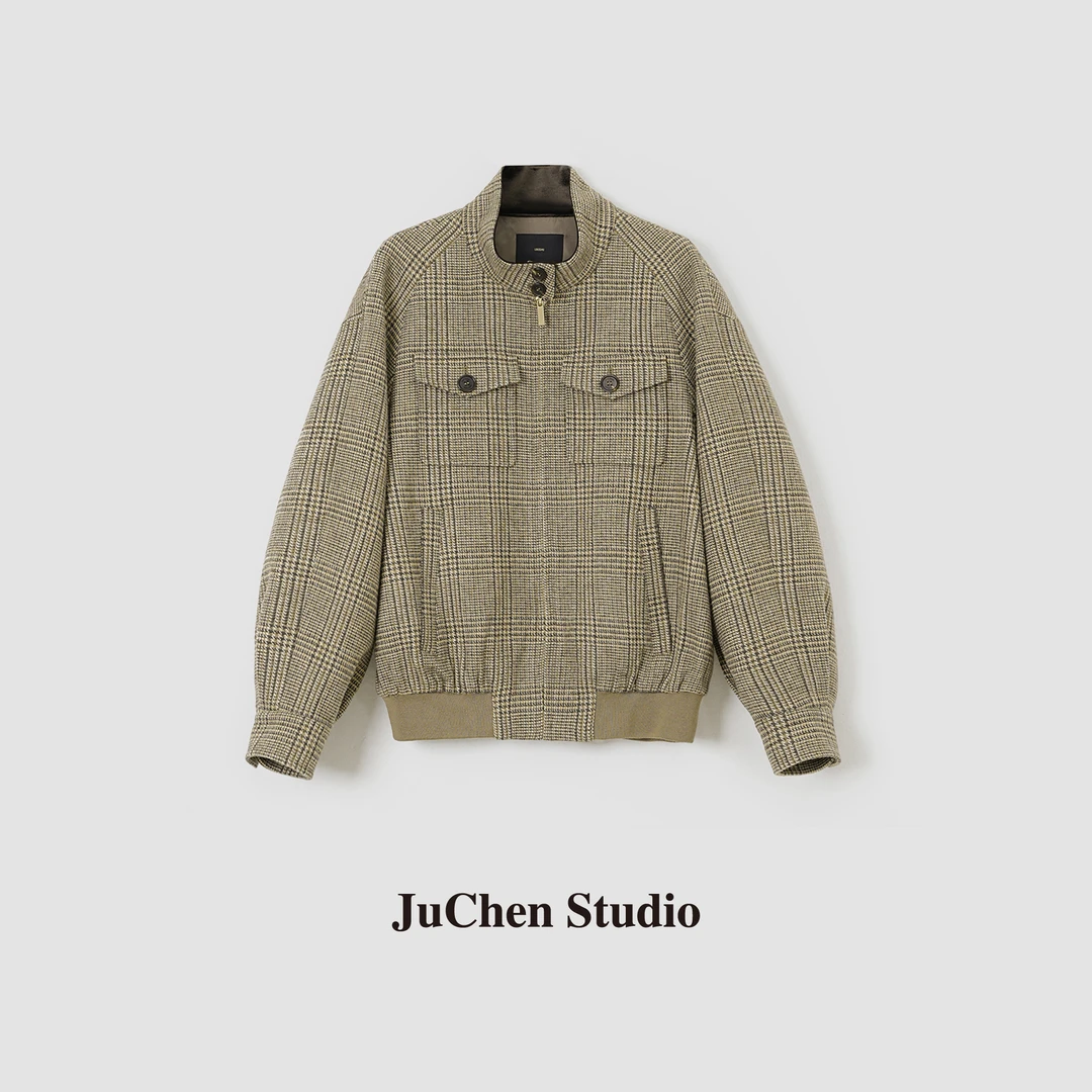 威尔士千鸟格纹80羊毛惠灵顿棒球领夹克外套 FW101697