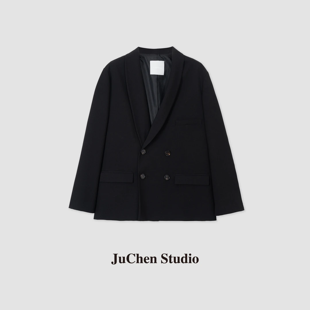 天丝羊毛混纺双排扣微宽松香蕉领通勤休闲西装外套 2303804