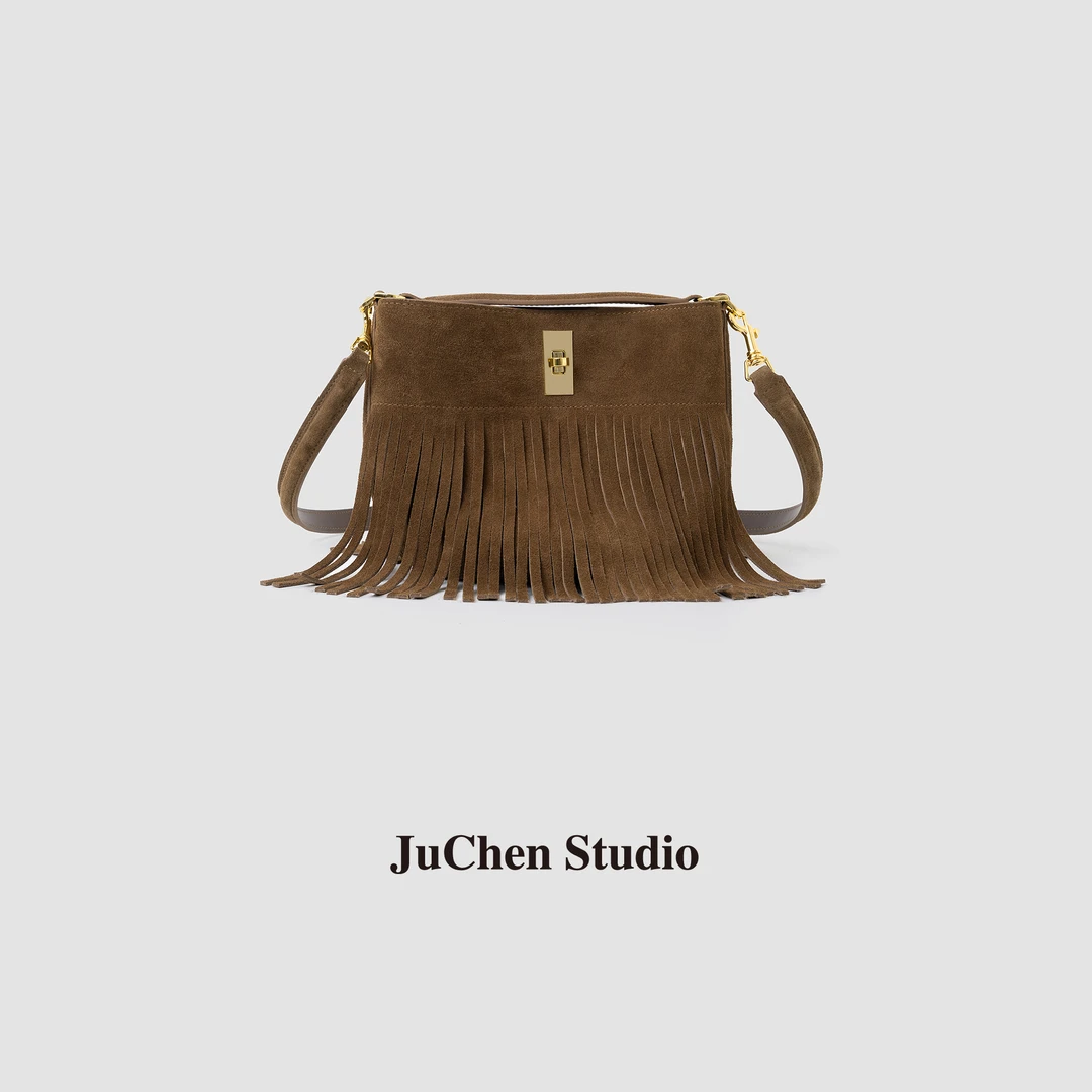 “东方游牧”雅丹风 磨砂流苏单肩斜挎水桶包BB240911-27