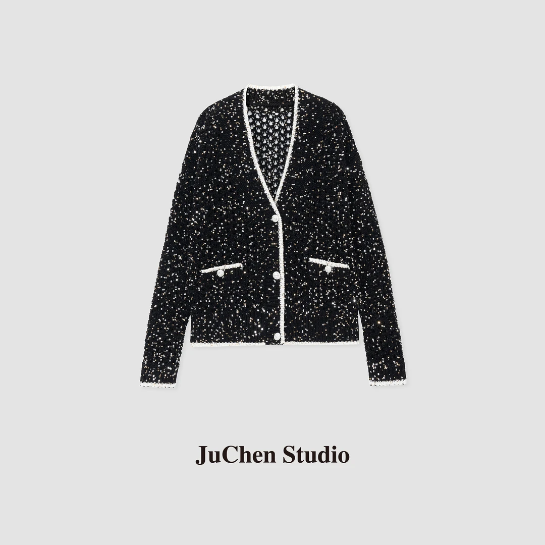 “星海月夜”华丽珠片镂空粗针棉线气质小香风针织开衫 SS24019-24