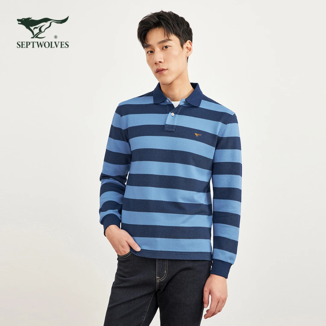 七匹狼条纹长袖polo衫男士春秋季都市休闲菠萝提花翻领T恤男装