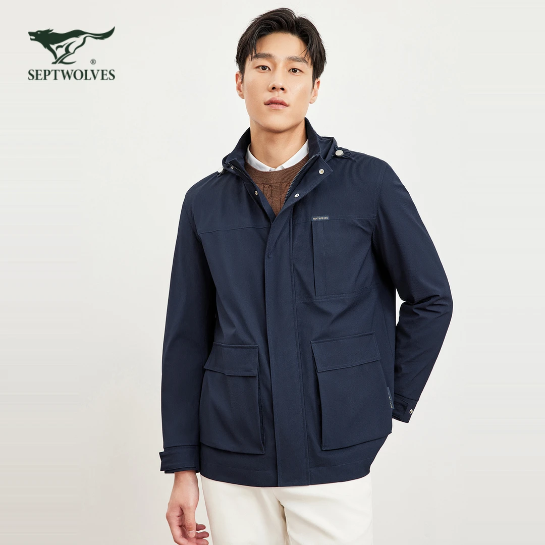 七匹狼【抗静电】夹克外套男秋季新款连帽可拆卸竖条提花弹力耐磨