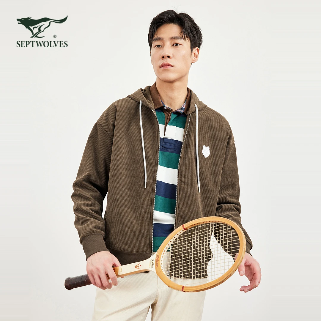 七匹狼夹克外套男秋季新款连帽针织灯芯绒柔弹力软舒适保暖男装上