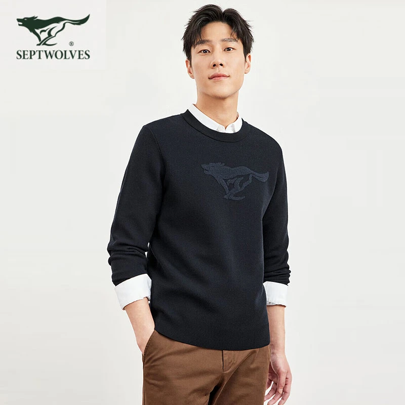 七匹狼【不易变形】针织衫男2024春季新款圆领狼标长袖线衫休闲男装