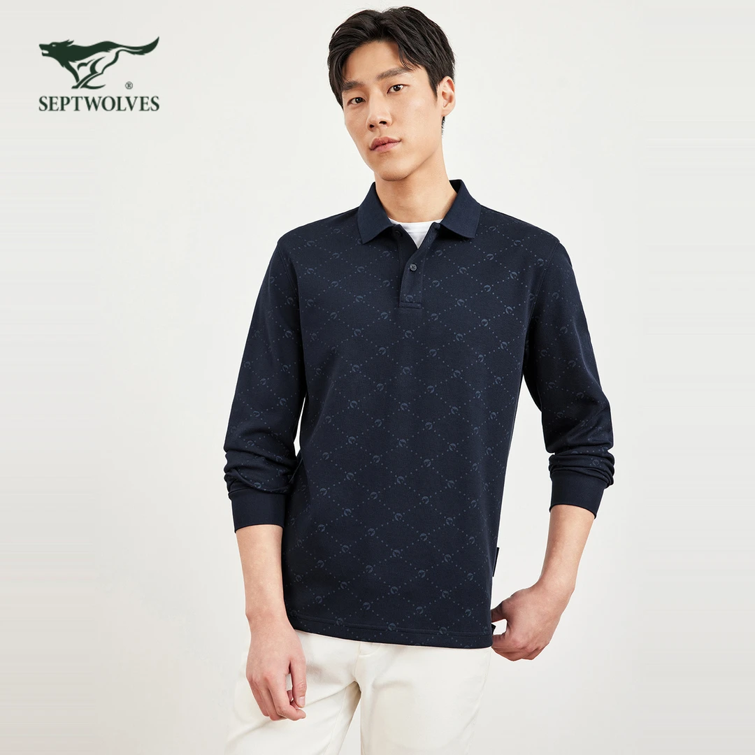 七匹狼【不易变形】长袖T恤男秋季新款印花翻领Polo柔软体恤衫男装