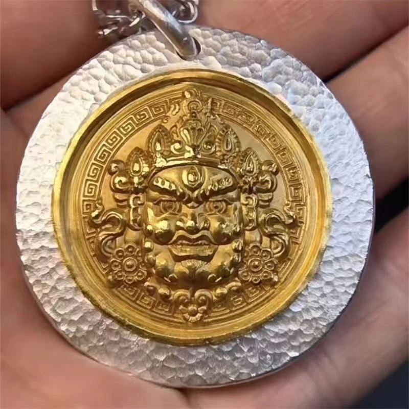 坠链均925银 黄财神素款实心黄财神吊坠复古镶嵌纯银s925银饰手工