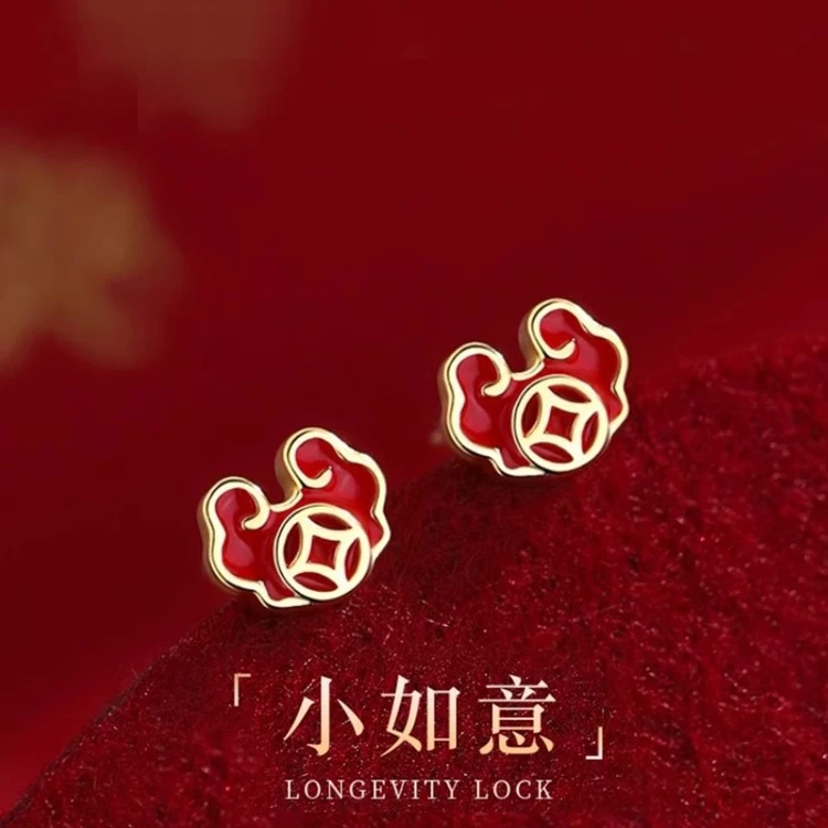 925银耳饰 春节耳饰925银蝴蝶如意红色耳饰 平安锁耳钉国风新中式