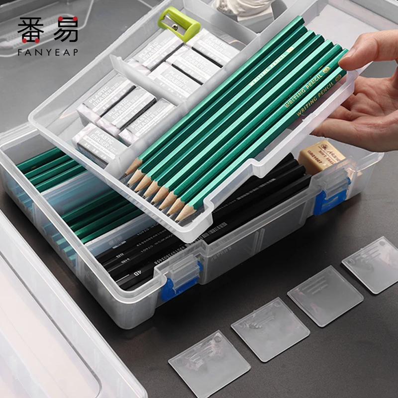 J80素描笔盒 美术生专用画画绘画用品双层透明塑料工具箱画笔收纳