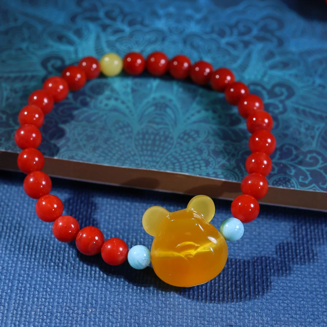 天然俄料蜜糖红DIY设计南红熊头手链（抖音基地发货，带证书）