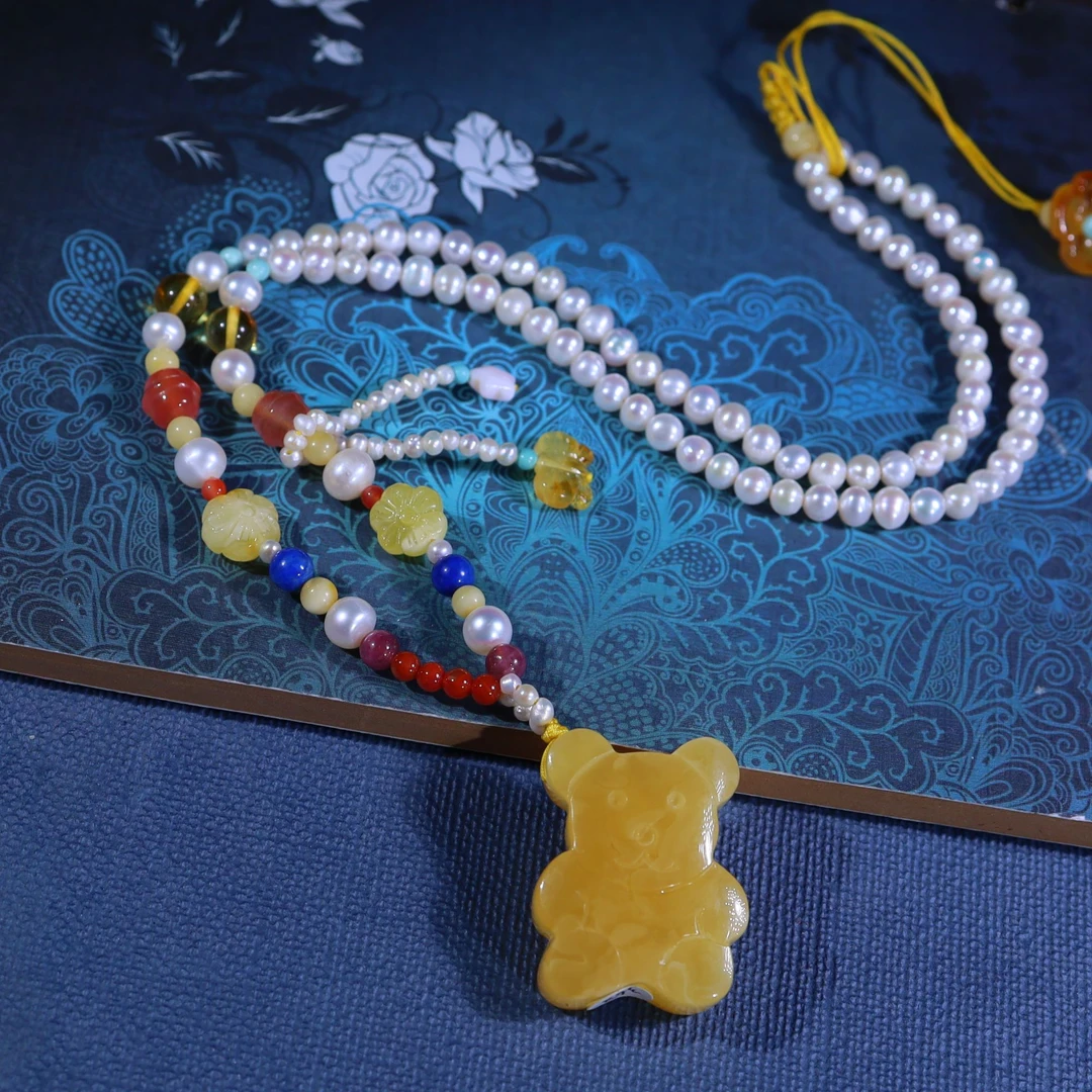 天然俄料鸡油黄抱抱熊珍珠链设计套装（抖音基地发货，带证书)