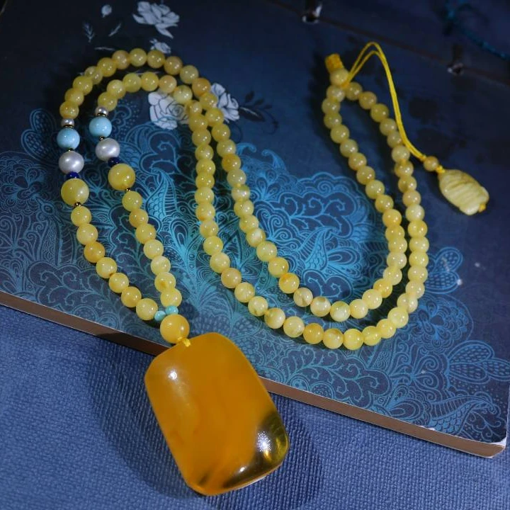 天然俄料鸡油黄无事方牌珠链设计套装（抖音基地发货，带证书）