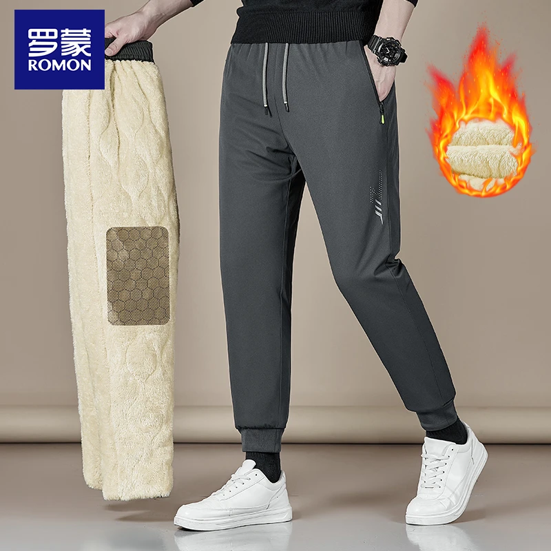 罗蒙男士加绒抗寒休闲裤冬季加绒加厚宽松直筒束脚保暖棉裤卫裤