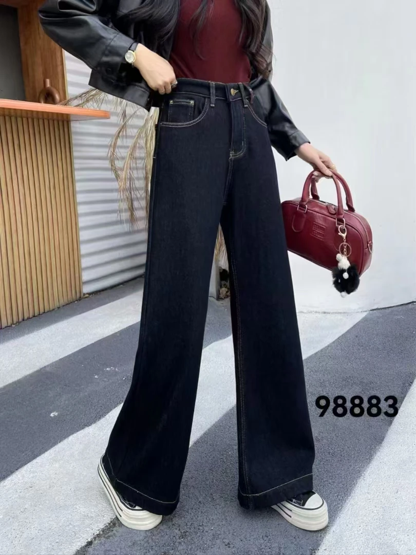 加绒加厚高腰显瘦阔腿牛仔裤女秋冬新款宽松百搭