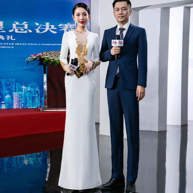 9342宴会礼服重手工钉珠网纱拼接领白色长款修身气质高贵年会礼服