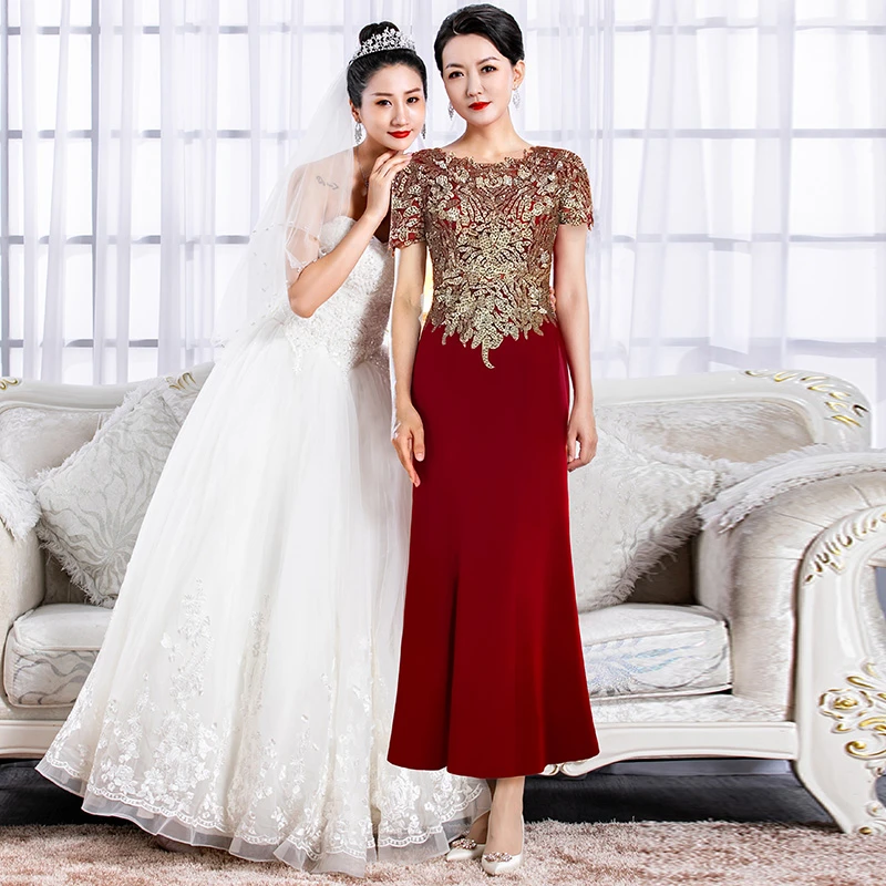 6006高端红色宴会妈妈连衣裙年轻时尚高贵喜婆婆婚宴装宴会晚礼服
