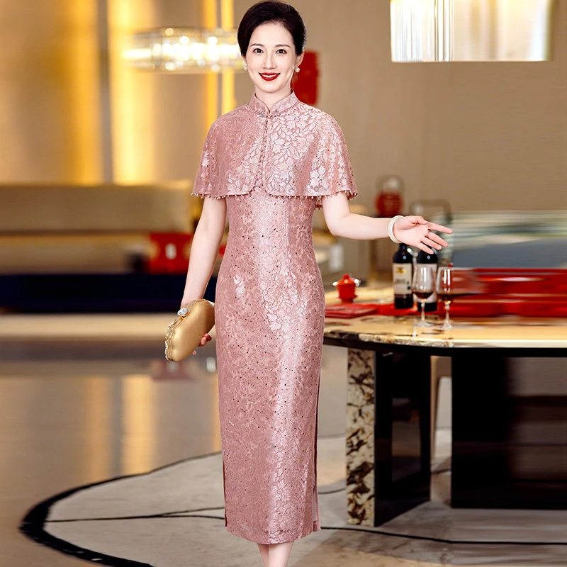 5835婚礼妈妈礼服高贵改良旗袍年轻款洋气丈母娘喜婆婆婚宴装新款