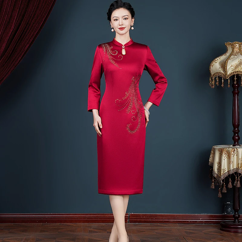 5621中国风旗袍气质优雅喜婆婆喜妈妈秋冬长袖长款高档婚礼婚宴装