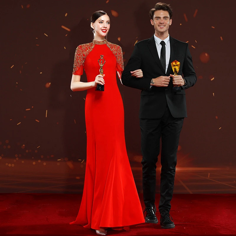 9107高端定制婚礼宴会主持人走秀礼服裙中式结婚红色长款修身礼服