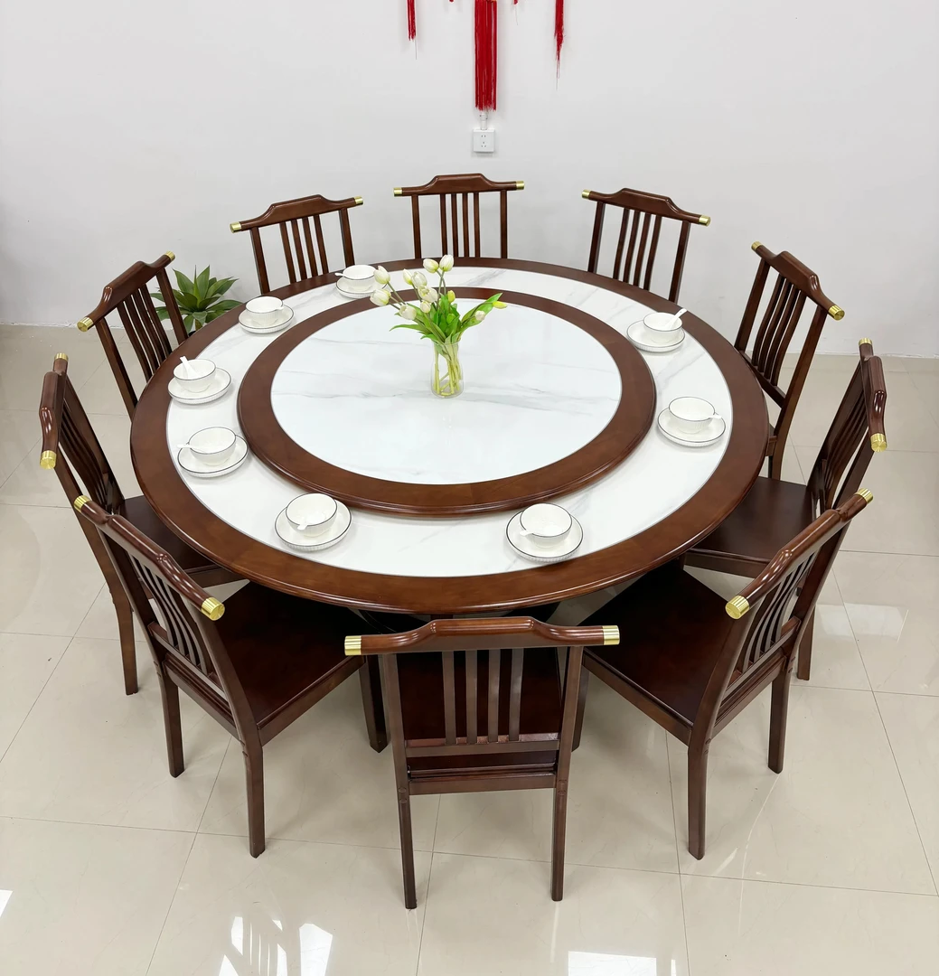 实木岩板圆桌家用12人大圆桌吃饭桌子圆形餐桌椅组合带转盘新中式