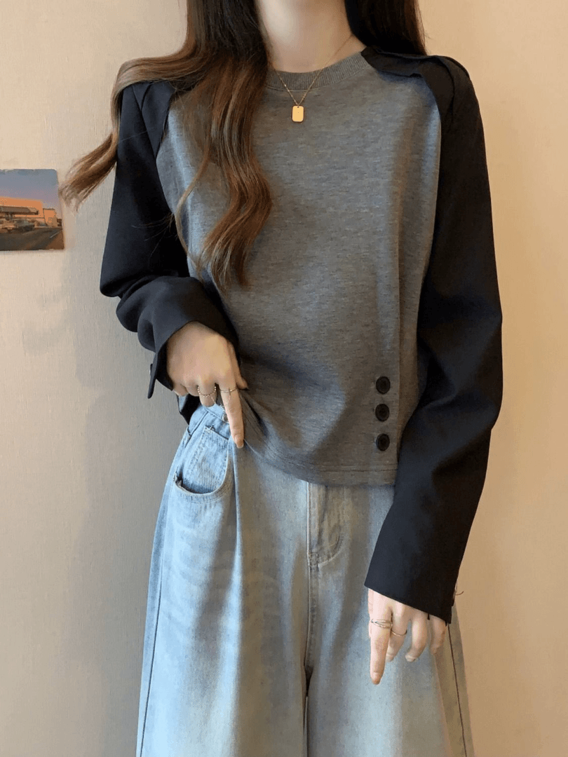 正肩插肩长袖T恤女秋装大码打底衫胖mm显瘦遮肚子设计感小众上衣